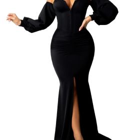 Women's Dresses Women's Sexy Off Shoulder Maxi Dress V Neck Lantern Long Sleeve Split Gown Cocktail Mermaid Formal Dresses (Color: Black, size: XL)