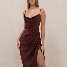 Solid Asymmetrical Sleeveless Cami Dress; Sexy Smooth Split Slim Midi Dress; Women's Clothing (Color: Burgundy, size: XL(12))