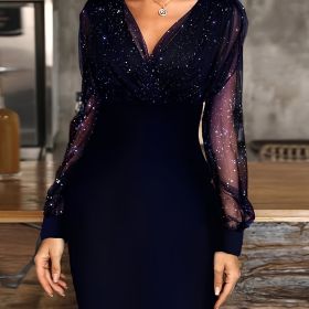 Solid Sequin Stitching Lace Long Sleeve Dress; Elegant Mesh Slim Sexy Party Dress; Women's Clothing (Color: Blue, size: S(4))