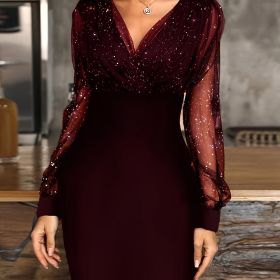 Solid Sequin Stitching Lace Long Sleeve Dress; Elegant Mesh Slim Sexy Party Dress; Women's Clothing (Color: Claret, size: XL(12))