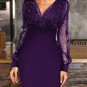 Solid Sequin Stitching Lace Long Sleeve Dress; Elegant Mesh Slim Sexy Party Dress; Women's Clothing (Color: Purple, size: M(6))